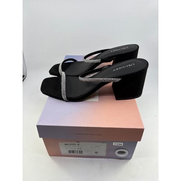 NEW Lisa Vicky Mood Pavé Block Heel Slide Sandals Crystal Strap Black Womens 8.5 - Picture 3 of 11